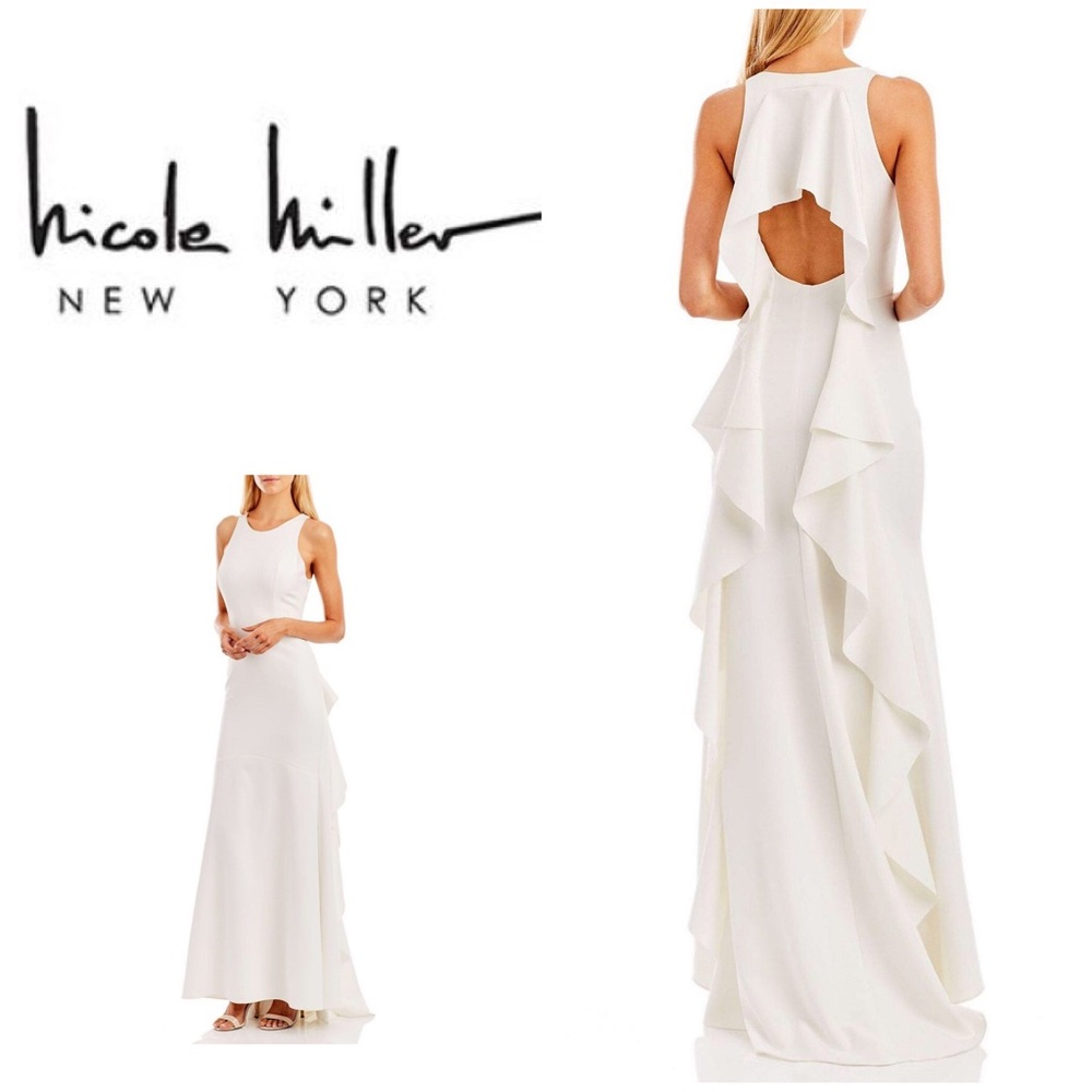 New Nicole Miller Ruffled-Back Stretch-Crepe Gown